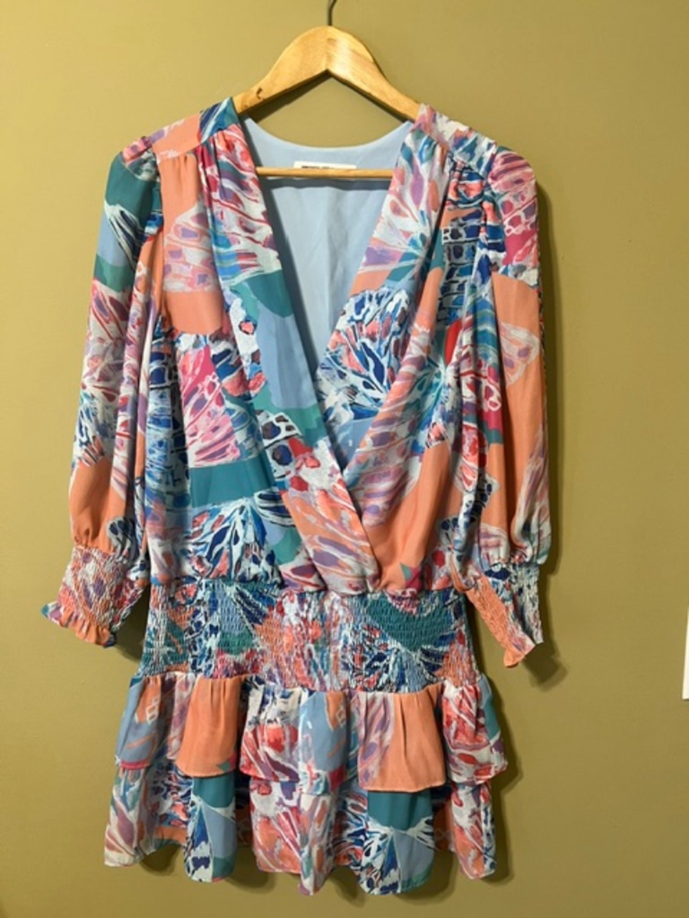 Amanda Uprichard Arber Mini Dress Sz M Multicolor V-Neck 3/4 Sleeve Ruffle
